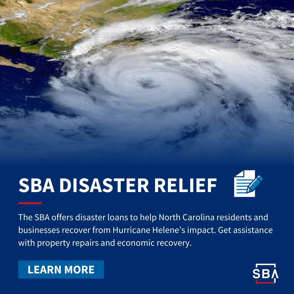 SBA offering disaster loans for North Carolina residents and businesses affected by Hurricane Helene.